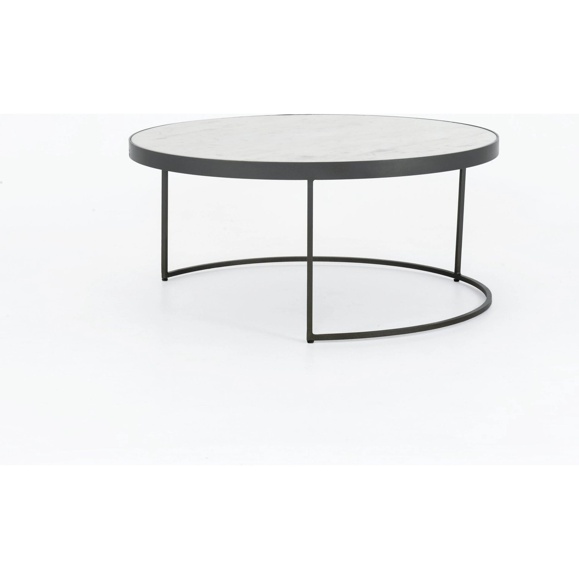 Evelyn Round Nesting Coffee Table by Four Hands in gunmetal, polished white marble. Made from solid marble, iron, engineered hardwood in a modern style.