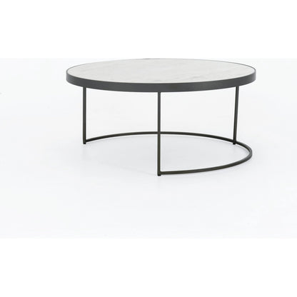Evelyn Round Nesting Coffee Table by Four Hands in gunmetal, polished white marble. Made from solid marble, iron, engineered hardwood in a modern style.
