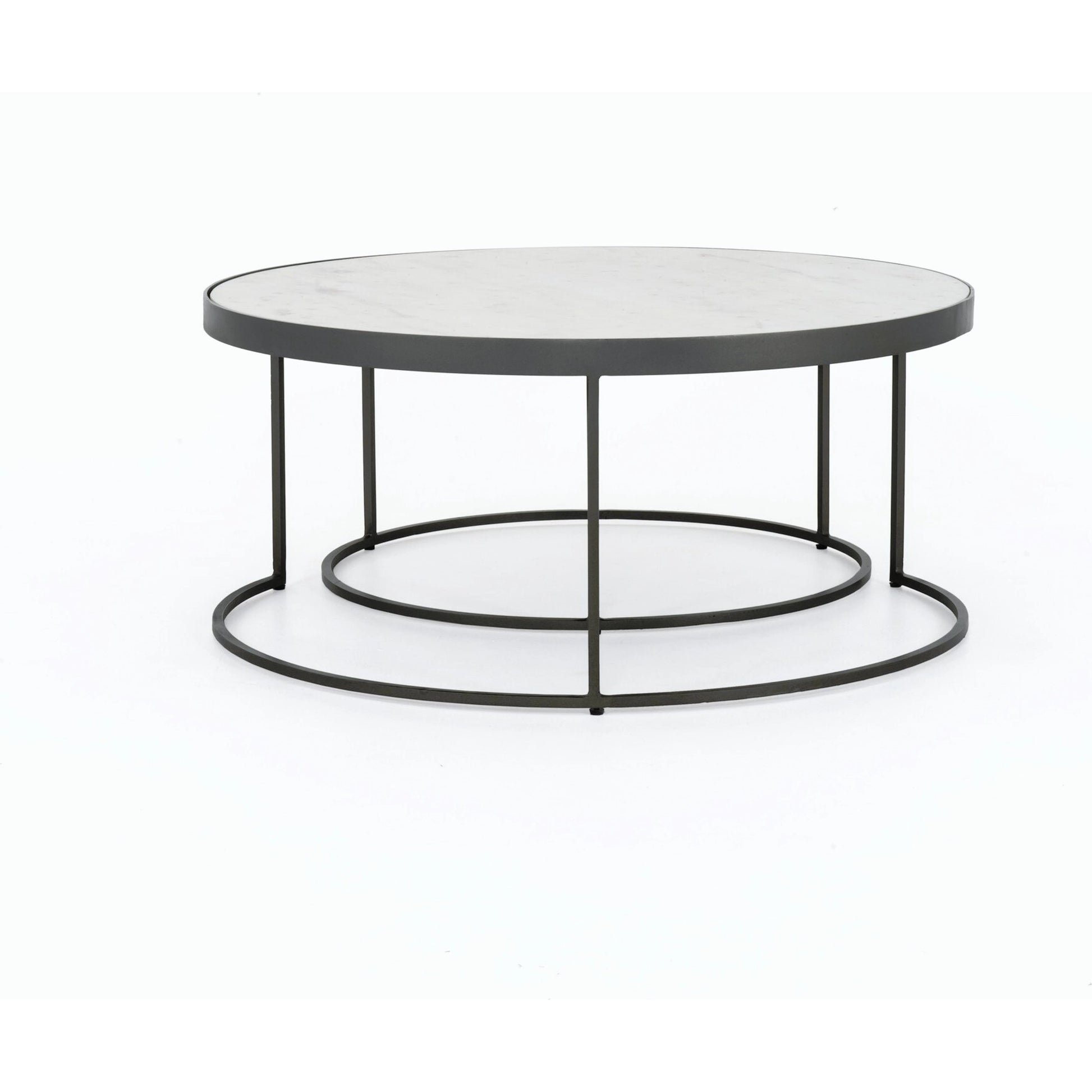 Evelyn Round Nesting Coffee Table by Four Hands in gunmetal, polished white marble. Made from solid marble, iron, engineered hardwood in a modern style.