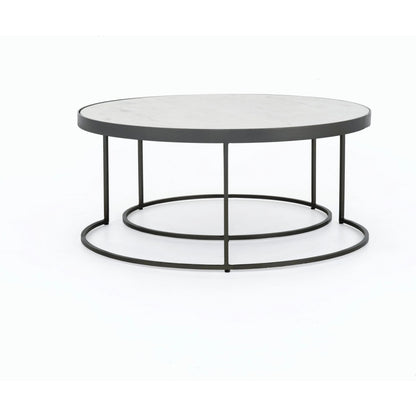 Evelyn Round Nesting Coffee Table by Four Hands in gunmetal, polished white marble. Made from solid marble, iron, engineered hardwood in a modern style.