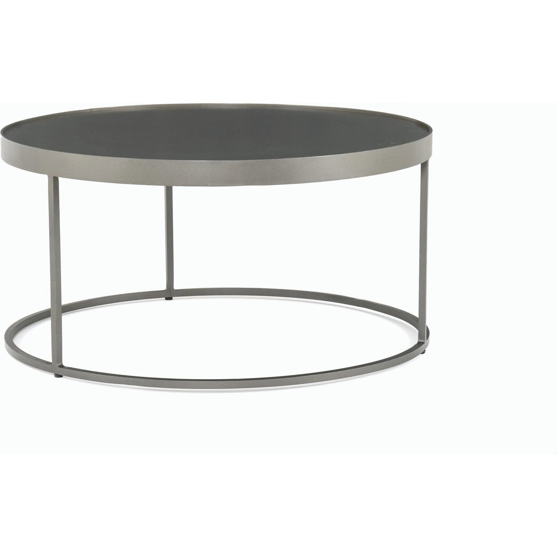Evelyn Round Nesting Coffee Table by Four Hands in gunmetal, polished white marble. Made from solid marble, iron, engineered hardwood in a modern style.