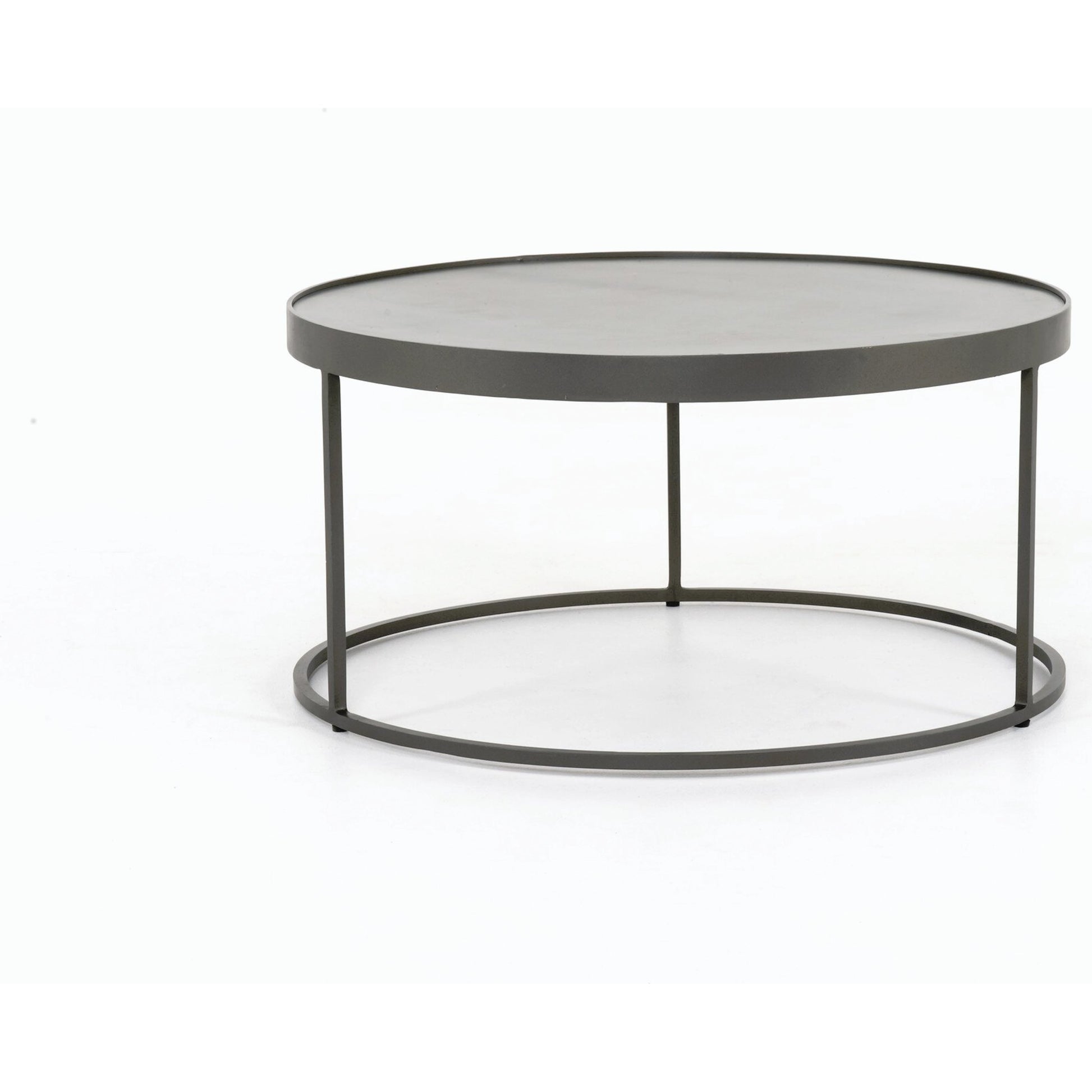 Evelyn Round Nesting Coffee Table by Four Hands in gunmetal, polished white marble. Made from solid marble, iron, engineered hardwood in a modern style.