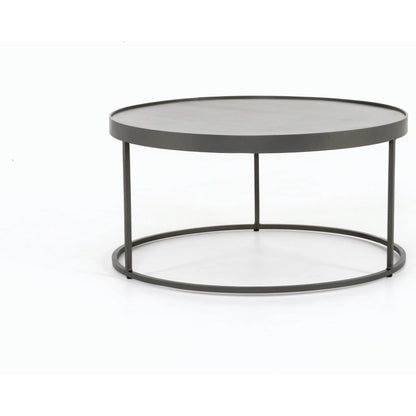 Evelyn Round Nesting Coffee Table by Four Hands in gunmetal, polished white marble. Made from solid marble, iron, engineered hardwood in a modern style.