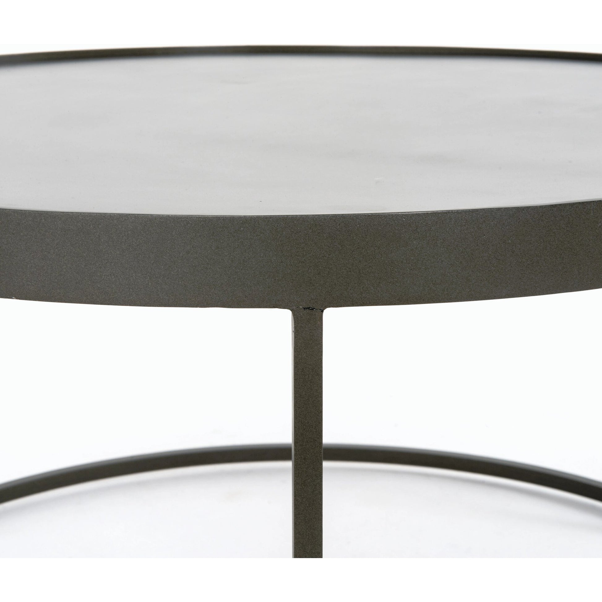Evelyn Round Nesting Coffee Table by Four Hands in gunmetal, polished white marble. Made from solid marble, iron, engineered hardwood in a modern style.