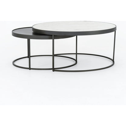 Evelyn Round Nesting Coffee Table by Four Hands in gunmetal, polished white marble. Made from solid marble, iron, engineered hardwood in a modern style.