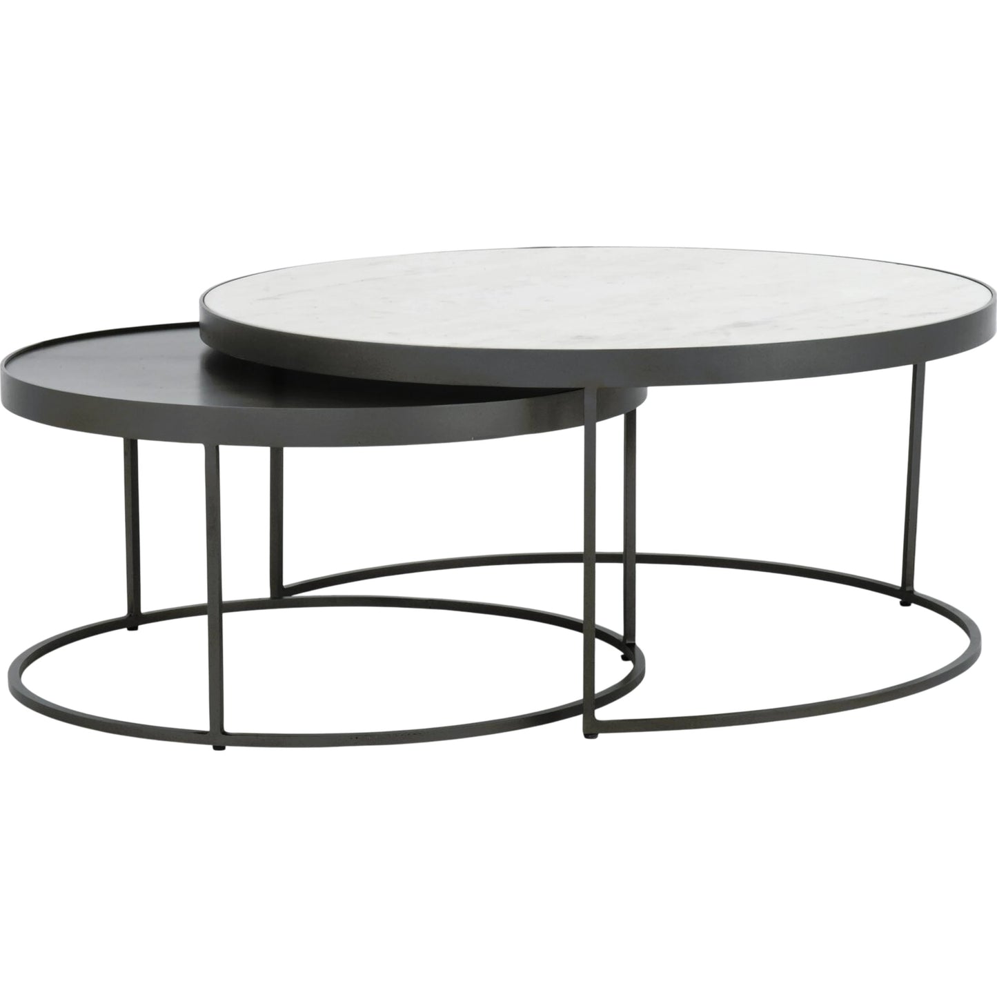 001 SI-1715219 | Primary Silo | Evelyn Round Nesting Coffee Table by Four Hands in gunmetal, polished white marble. Made from solid marble, iron, engineered hardwood in a modern style.