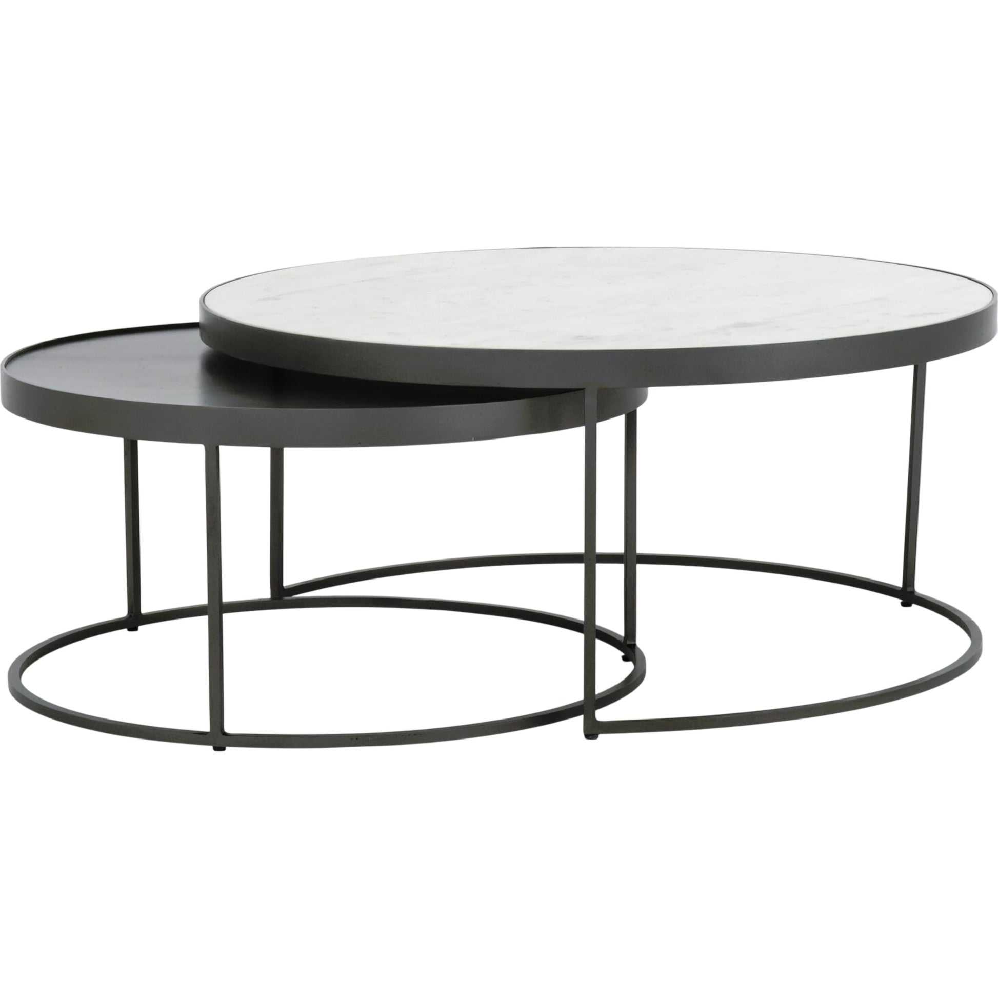Evelyn Round Nesting Coffee Table by Four Hands in gunmetal, polished white marble. Made from solid marble, iron, engineered hardwood in a modern style.