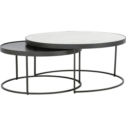 Evelyn Round Nesting Coffee Table by Four Hands in gunmetal, polished white marble. Made from solid marble, iron, engineered hardwood in a modern style.
