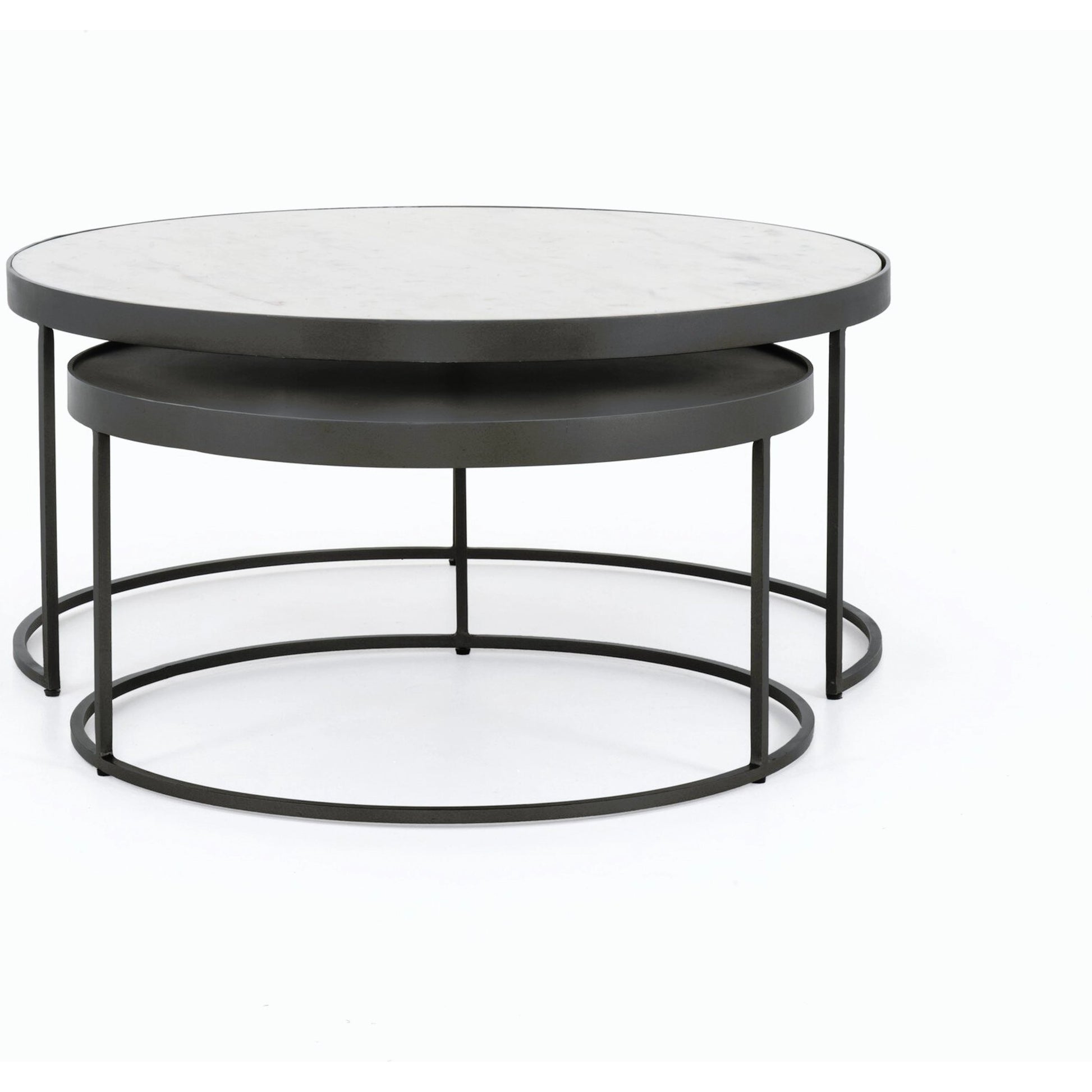 Evelyn Round Nesting Coffee Table by Four Hands in gunmetal, polished white marble. Made from solid marble, iron, engineered hardwood in a modern style.