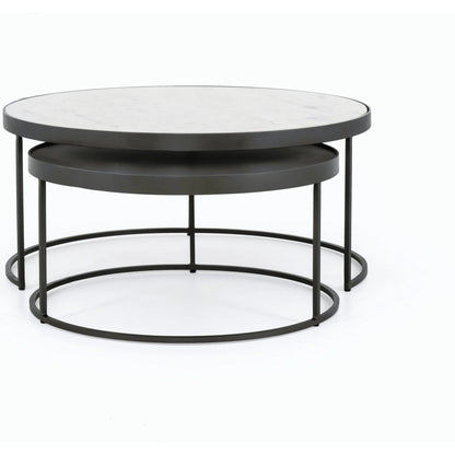 Evelyn Round Nesting Coffee Table by Four Hands in gunmetal, polished white marble. Made from solid marble, iron, engineered hardwood in a modern style.