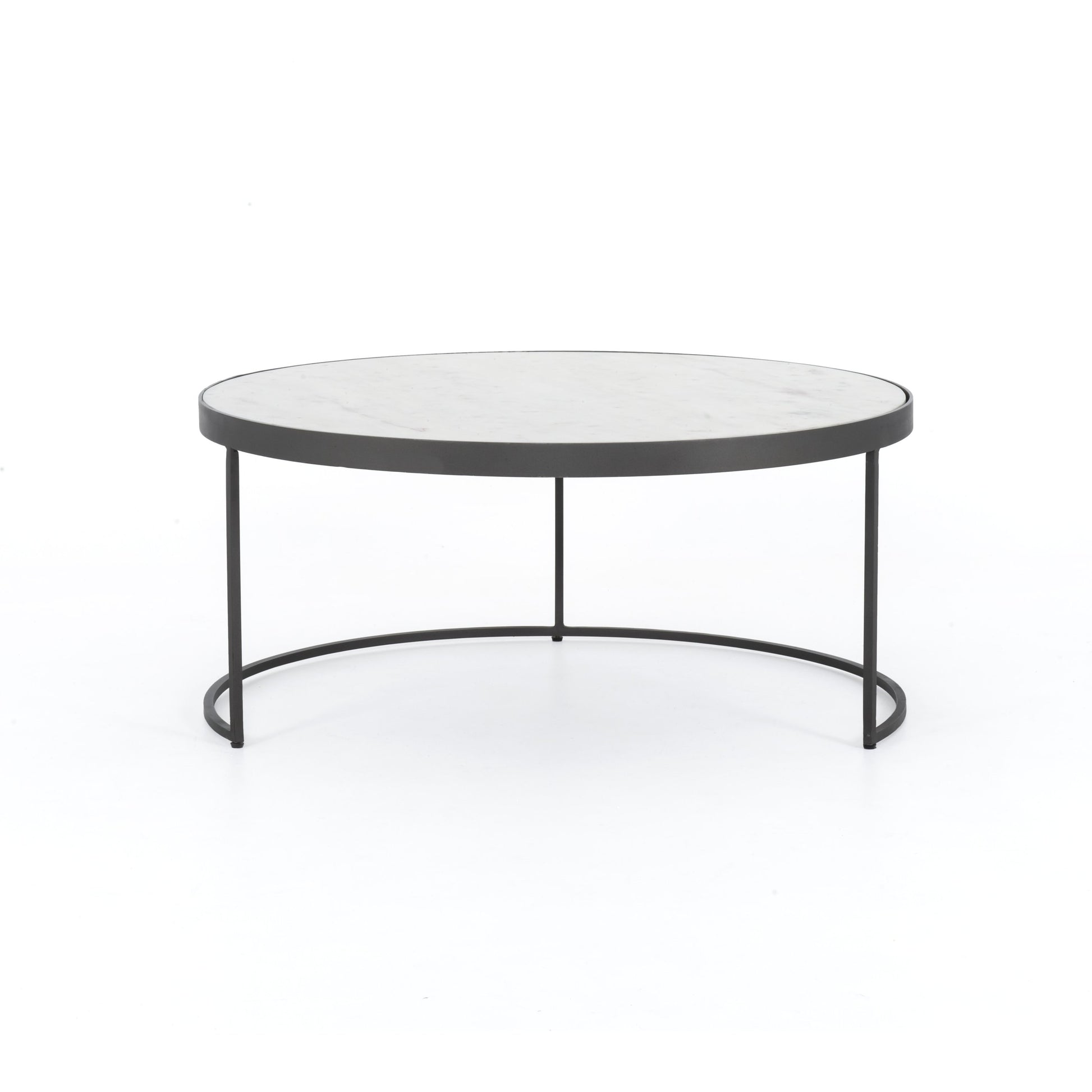 Evelyn Round Nesting Coffee Table by Four Hands in gunmetal, polished white marble. Made from solid marble, iron, engineered hardwood in a modern style.