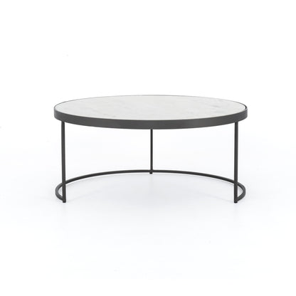 Evelyn Round Nesting Coffee Table by Four Hands in gunmetal, polished white marble. Made from solid marble, iron, engineered hardwood in a modern style.