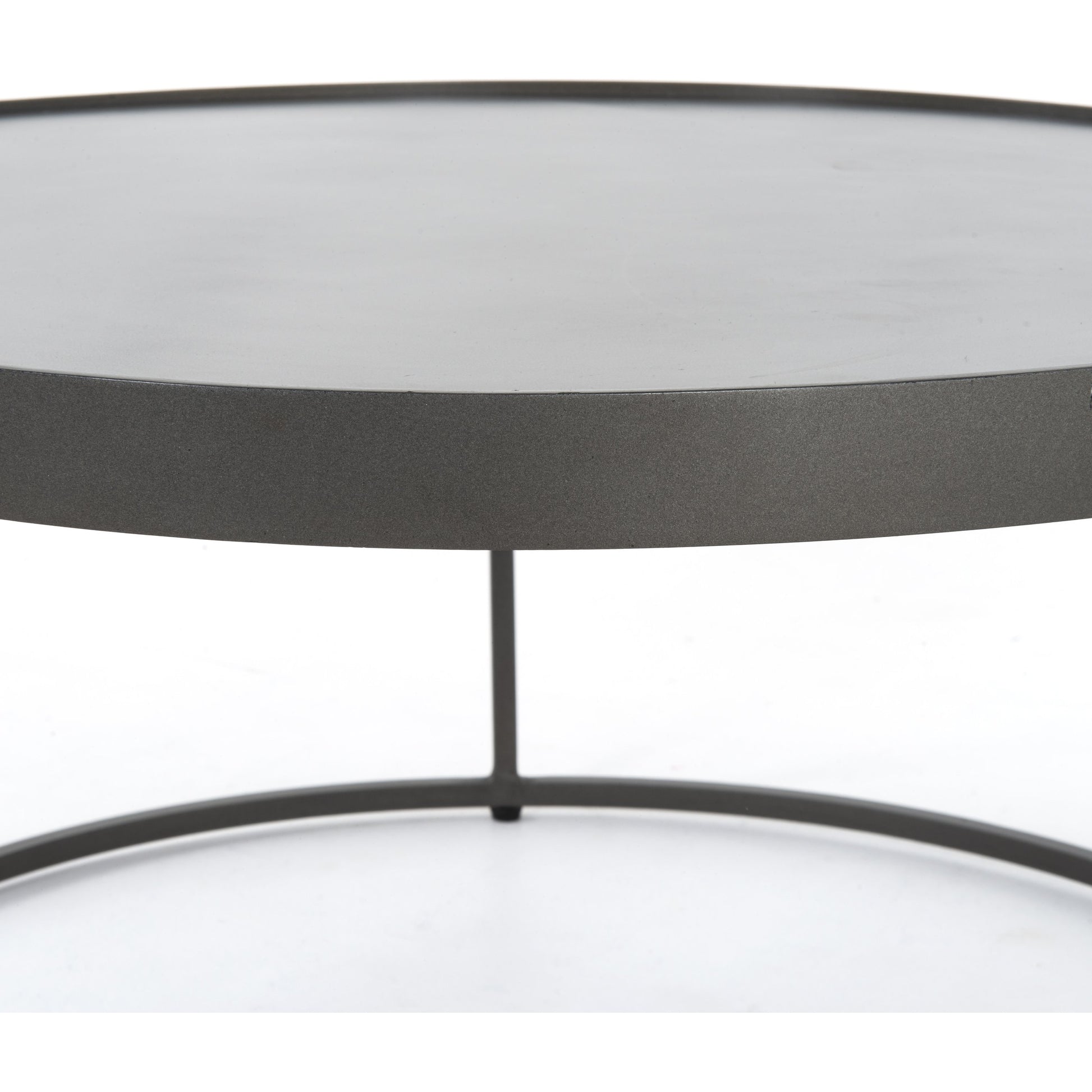 Evelyn Round Nesting Coffee Table by Four Hands in gunmetal, polished white marble. Made from solid marble, iron, engineered hardwood in a modern style.