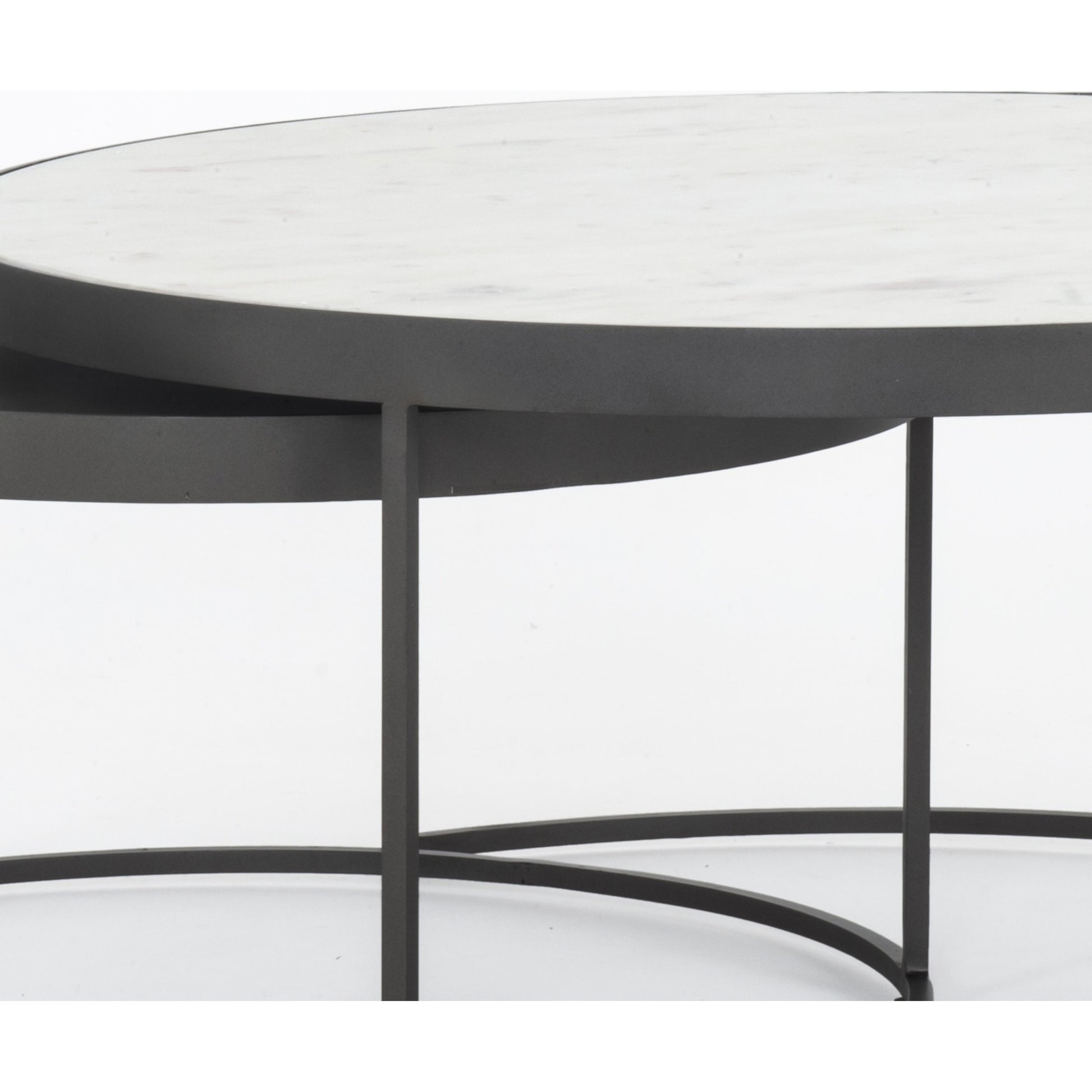 Evelyn Round Nesting Coffee Table by Four Hands in gunmetal, polished white marble. Made from solid marble, iron, engineered hardwood in a modern style.