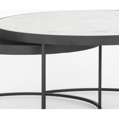 Evelyn Round Nesting Coffee Table by Four Hands in gunmetal, polished white marble. Made from solid marble, iron, engineered hardwood in a modern style.
