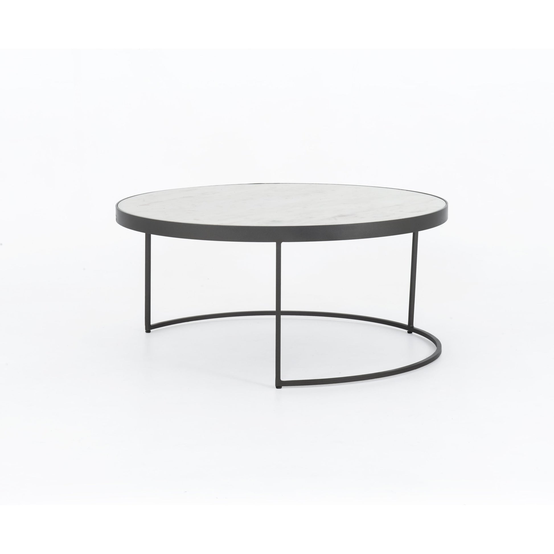 Evelyn Round Nesting Coffee Table by Four Hands in gunmetal, polished white marble. Made from solid marble, iron, engineered hardwood in a modern style.