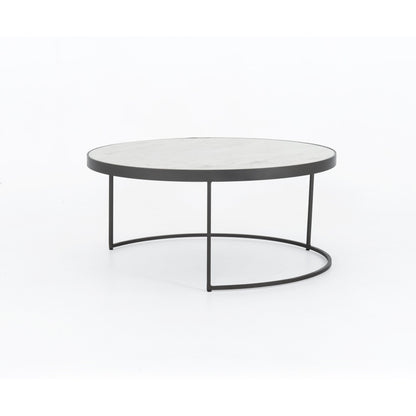 Evelyn Round Nesting Coffee Table by Four Hands in gunmetal, polished white marble. Made from solid marble, iron, engineered hardwood in a modern style.