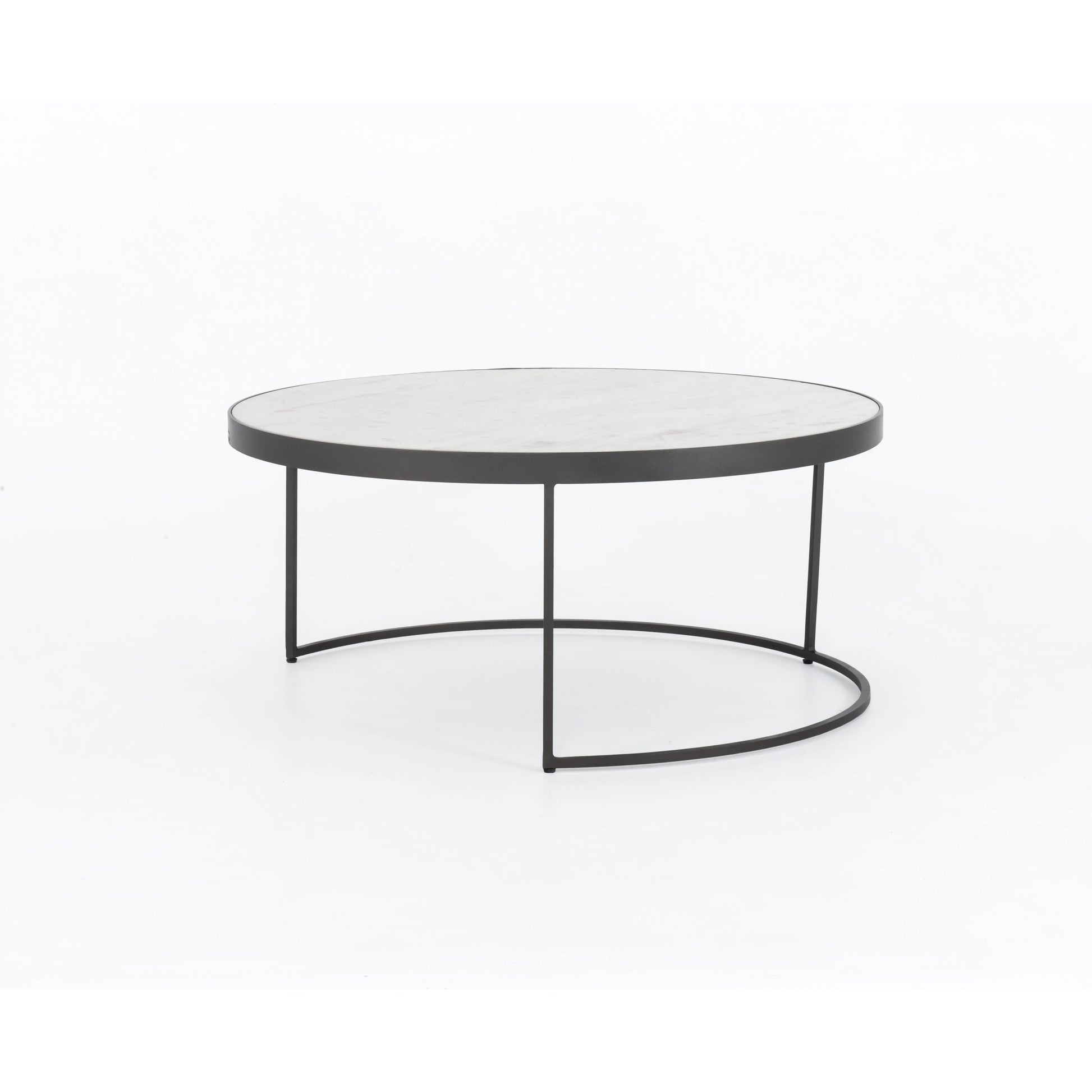 Evelyn Round Nesting Coffee Table by Four Hands in gunmetal, polished white marble. Made from solid marble, iron, engineered hardwood in a modern style.