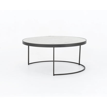 Evelyn Round Nesting Coffee Table by Four Hands in gunmetal, polished white marble. Made from solid marble, iron, engineered hardwood in a modern style.