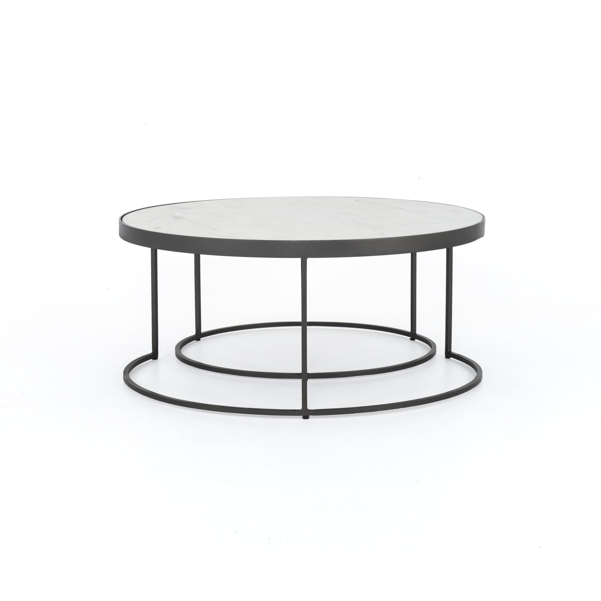 Evelyn Round Nesting Coffee Table by Four Hands in gunmetal, polished white marble. Made from solid marble, iron, engineered hardwood in a modern style.
