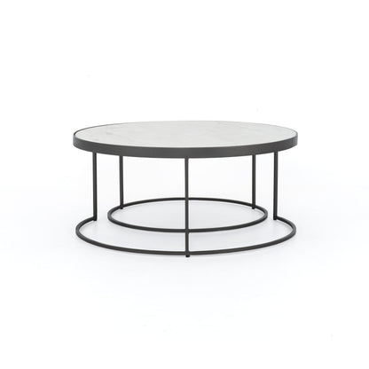 Evelyn Round Nesting Coffee Table by Four Hands in gunmetal, polished white marble. Made from solid marble, iron, engineered hardwood in a modern style.