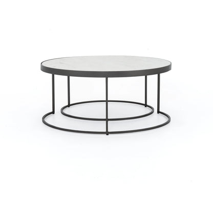 Evelyn Round Nesting Coffee Table by Four Hands in gunmetal, polished white marble. Made from solid marble, iron, engineered hardwood in a modern style.