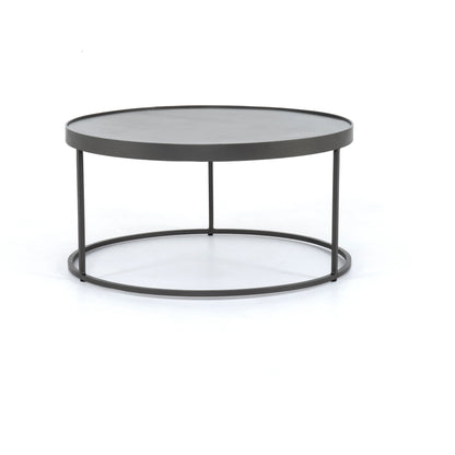 Evelyn Round Nesting Coffee Table by Four Hands in gunmetal, polished white marble. Made from solid marble, iron, engineered hardwood in a modern style.