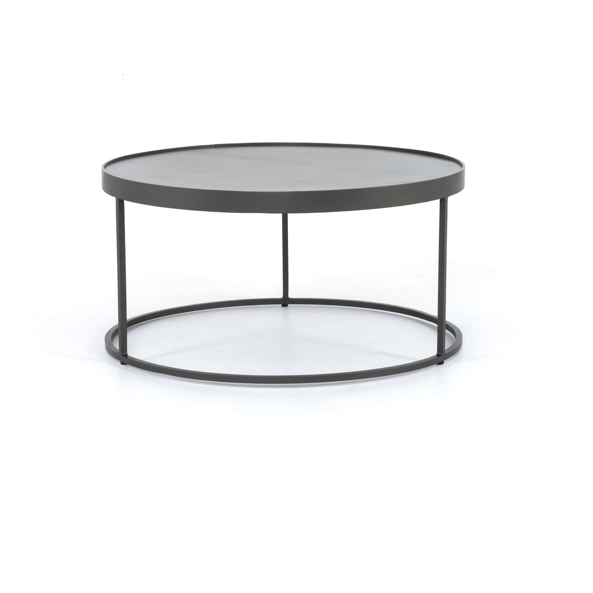Evelyn Round Nesting Coffee Table by Four Hands in gunmetal, polished white marble. Made from solid marble, iron, engineered hardwood in a modern style.