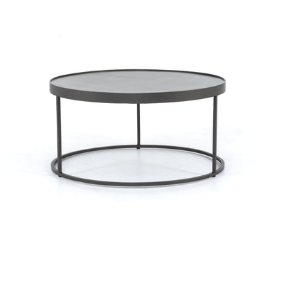 Evelyn Round Nesting Coffee Table by Four Hands in gunmetal, polished white marble. Made from solid marble, iron, engineered hardwood in a modern style.
