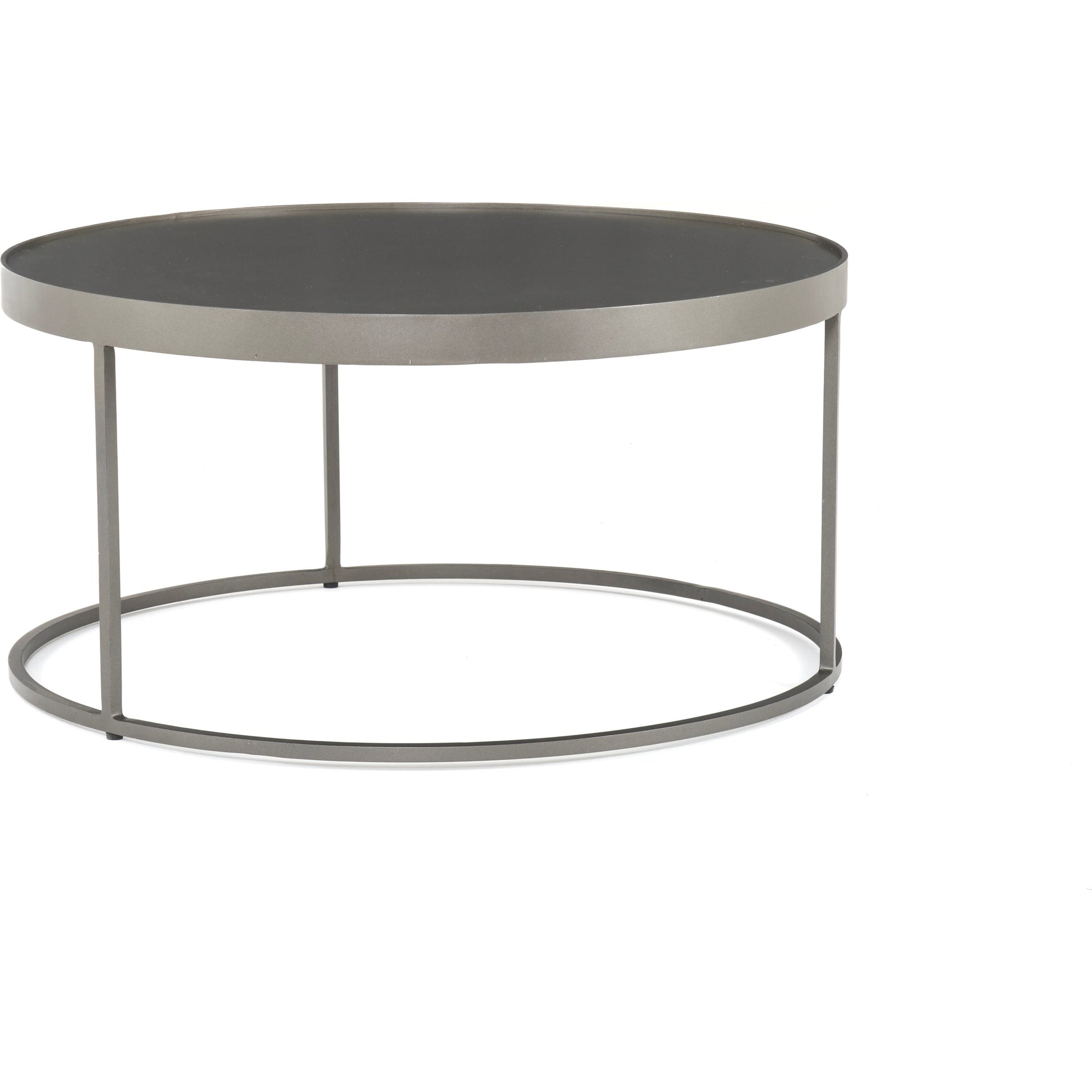 Evelyn Round Nesting Coffee Table by Four Hands in gunmetal, polished white marble. Made from solid marble, iron, engineered hardwood in a modern style.