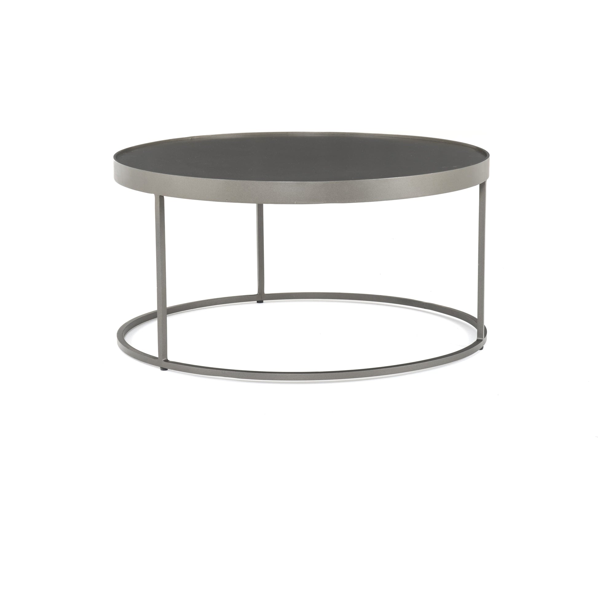 Evelyn Round Nesting Coffee Table by Four Hands in gunmetal, polished white marble. Made from solid marble, iron, engineered hardwood in a modern style.