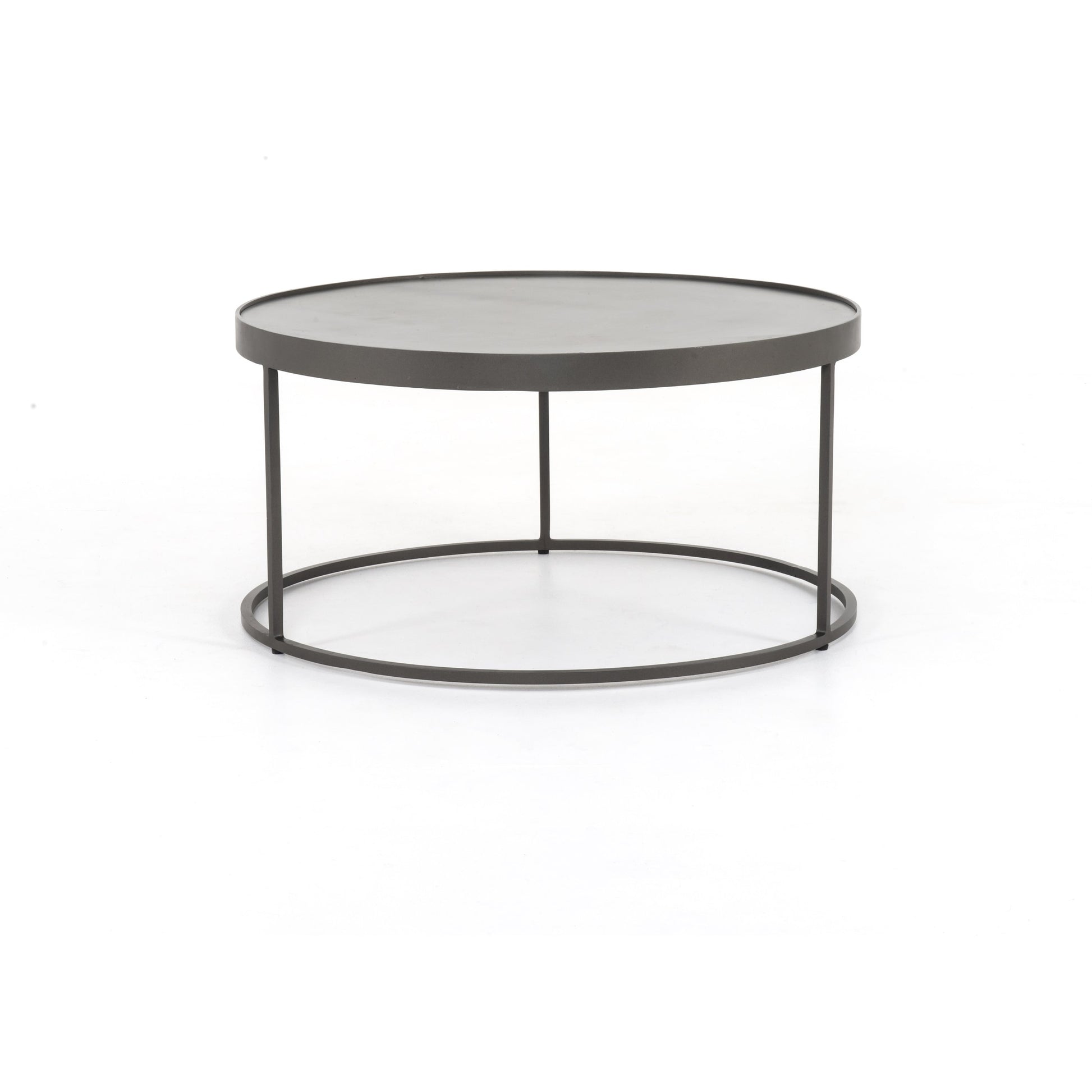 Evelyn Round Nesting Coffee Table by Four Hands in gunmetal, polished white marble. Made from solid marble, iron, engineered hardwood in a modern style.