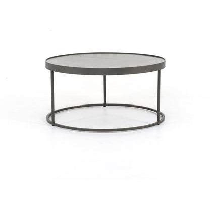 Evelyn Round Nesting Coffee Table by Four Hands in gunmetal, polished white marble. Made from solid marble, iron, engineered hardwood in a modern style.