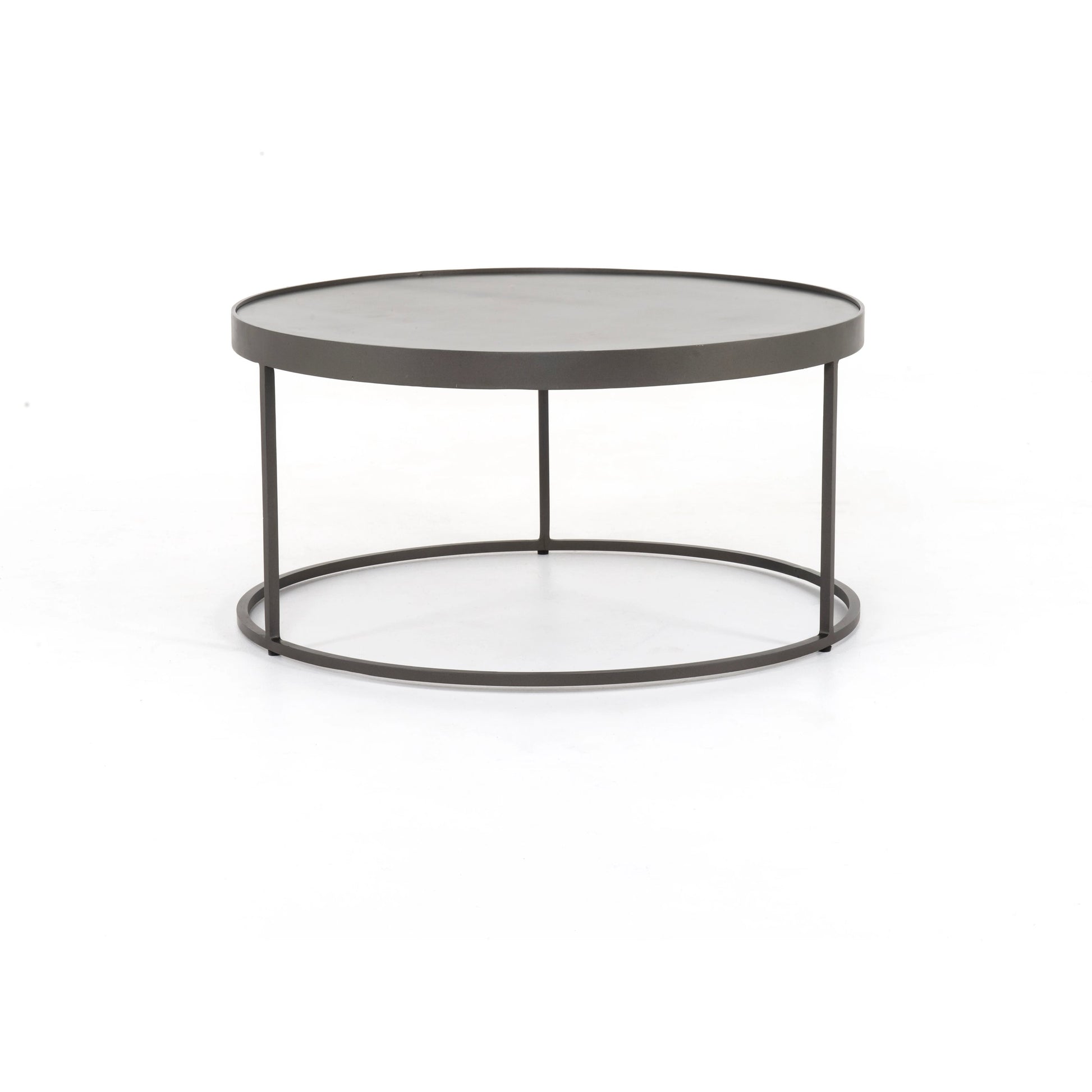 Evelyn Round Nesting Coffee Table by Four Hands in gunmetal, polished white marble. Made from solid marble, iron, engineered hardwood in a modern style.