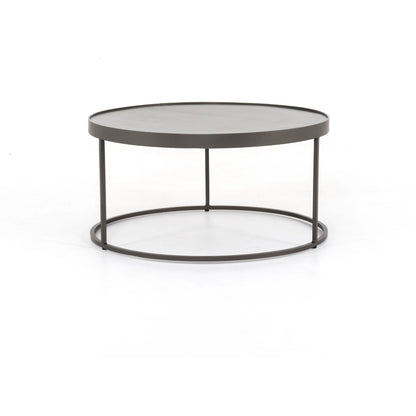 Evelyn Round Nesting Coffee Table by Four Hands in gunmetal, polished white marble. Made from solid marble, iron, engineered hardwood in a modern style.