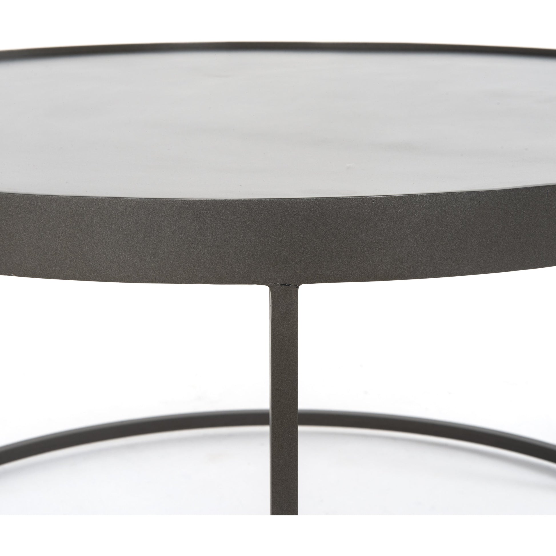 Evelyn Round Nesting Coffee Table by Four Hands in gunmetal, polished white marble. Made from solid marble, iron, engineered hardwood in a modern style.