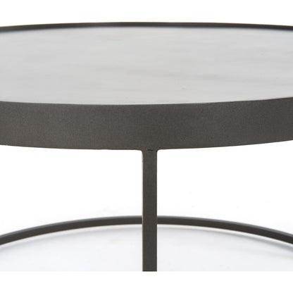 Evelyn Round Nesting Coffee Table by Four Hands in gunmetal, polished white marble. Made from solid marble, iron, engineered hardwood in a modern style.