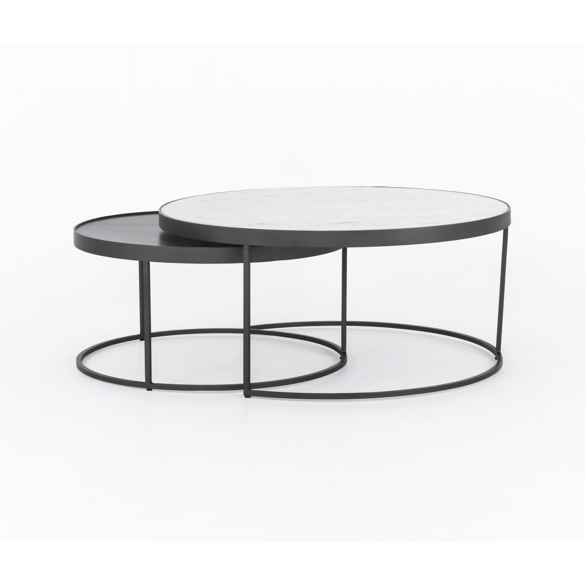 Evelyn Round Nesting Coffee Table by Four Hands in gunmetal, polished white marble. Made from solid marble, iron, engineered hardwood in a modern style.