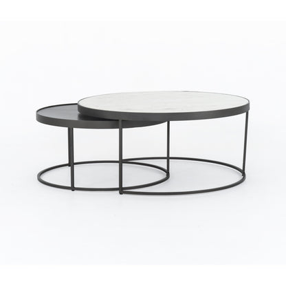 Evelyn Round Nesting Coffee Table by Four Hands in gunmetal, polished white marble. Made from solid marble, iron, engineered hardwood in a modern style.
