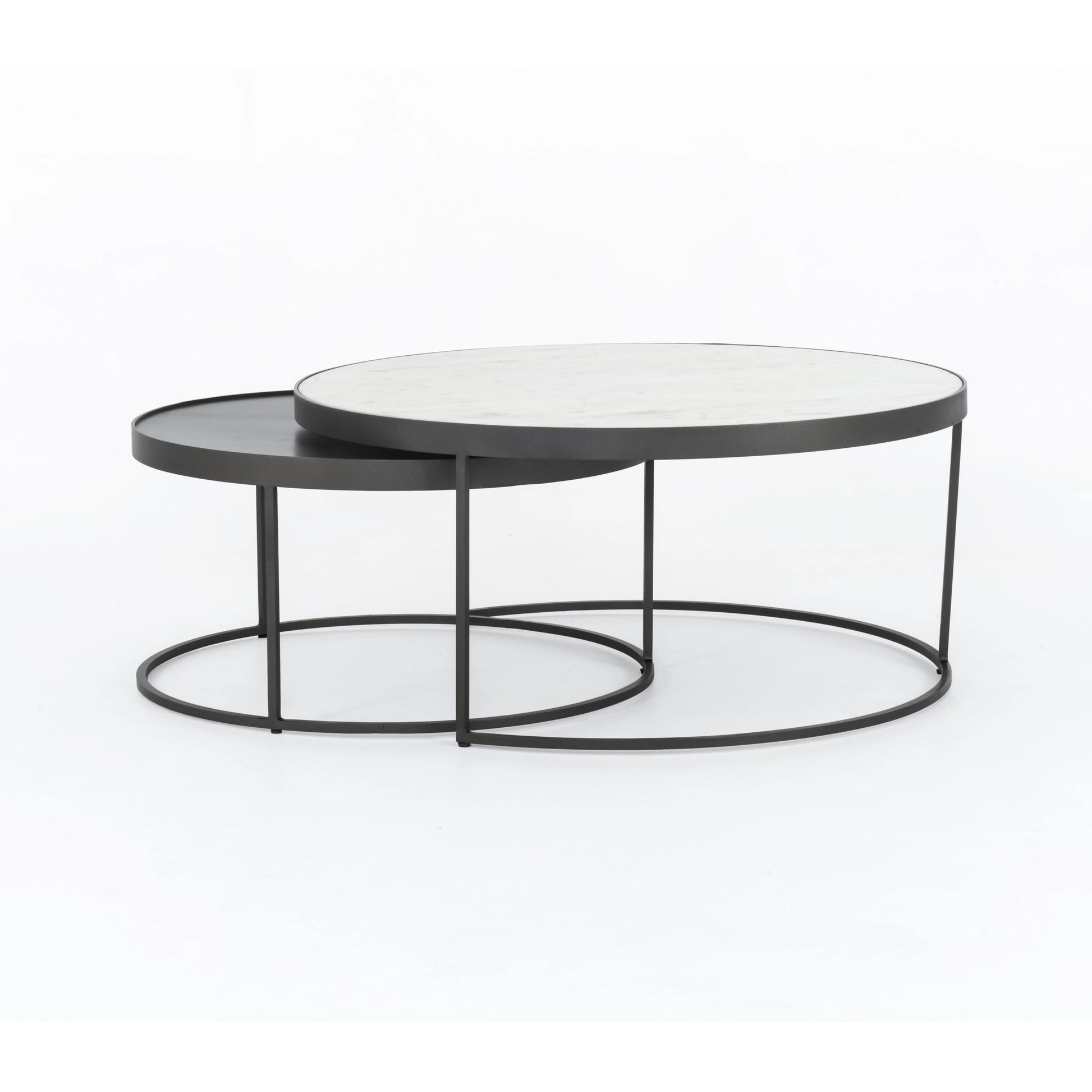 Evelyn Round Nesting Coffee Table by Four Hands in gunmetal, polished white marble. Made from solid marble, iron, engineered hardwood in a modern style.