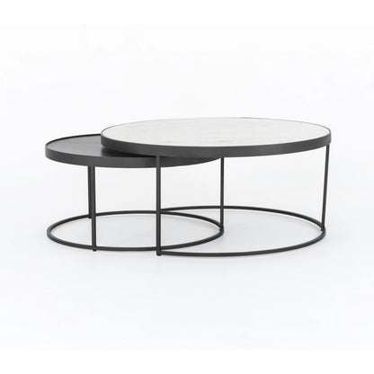 Evelyn Round Nesting Coffee Table by Four Hands in gunmetal, polished white marble. Made from solid marble, iron, engineered hardwood in a modern style.