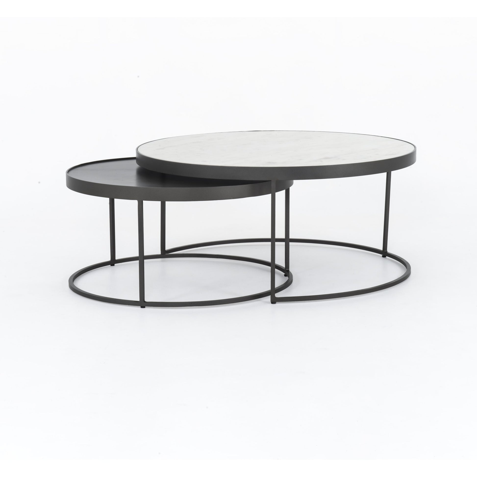 Evelyn Round Nesting Coffee Table by Four Hands in gunmetal, polished white marble. Made from solid marble, iron, engineered hardwood in a modern style.