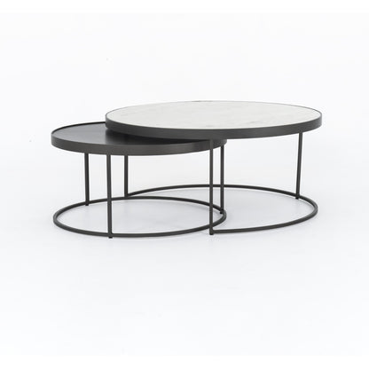 Evelyn Round Nesting Coffee Table by Four Hands in gunmetal, polished white marble. Made from solid marble, iron, engineered hardwood in a modern style.