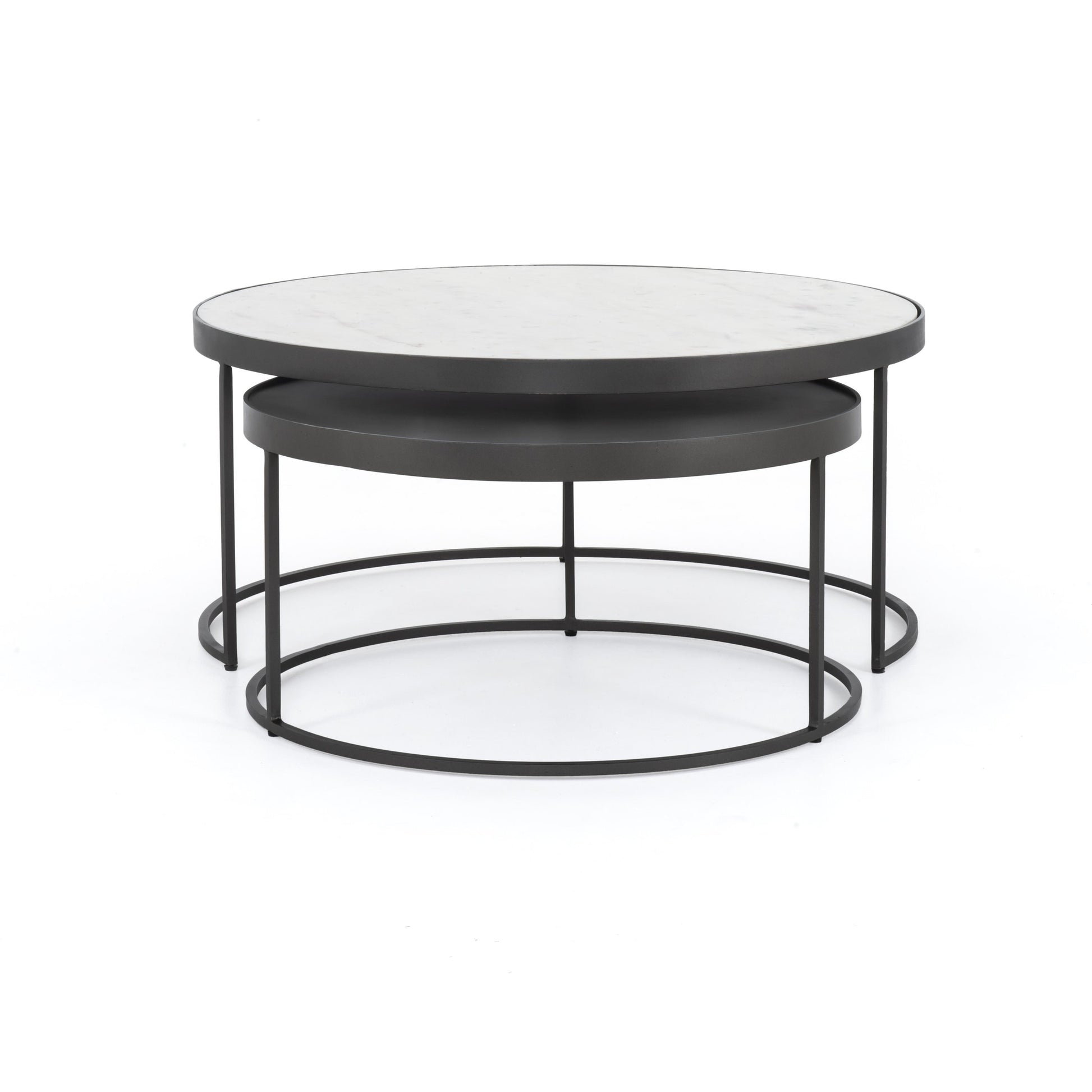 Evelyn Round Nesting Coffee Table by Four Hands in gunmetal, polished white marble. Made from solid marble, iron, engineered hardwood in a modern style.