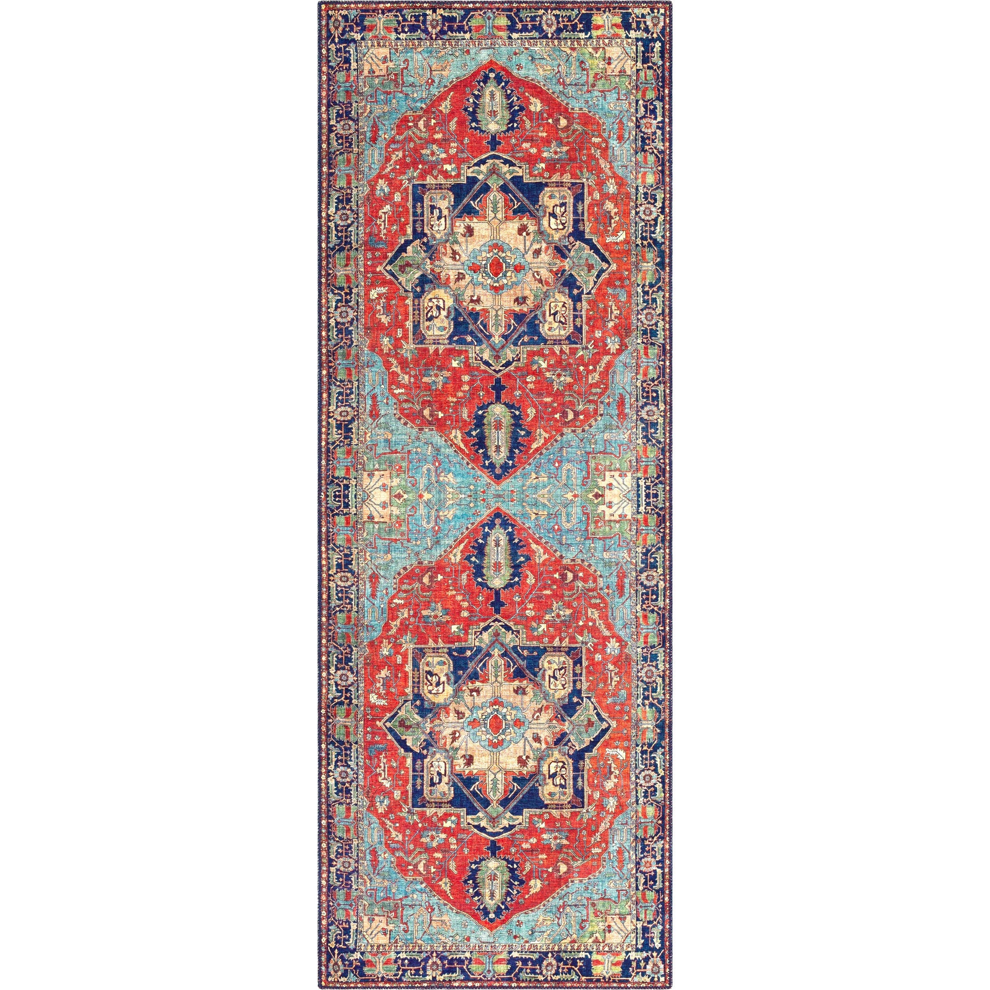 Iris Rug by Livabliss in red, burnt orange, dark blue, ink blue, pale blue, green. Made from 100% polyester in a traditional style.