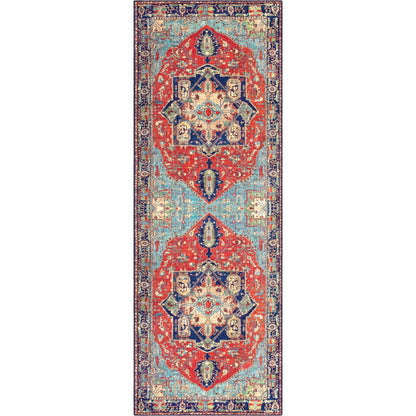 Iris Rug by Livabliss in red, burnt orange, dark blue, ink blue, pale blue, green. Made from 100% polyester in a traditional style.