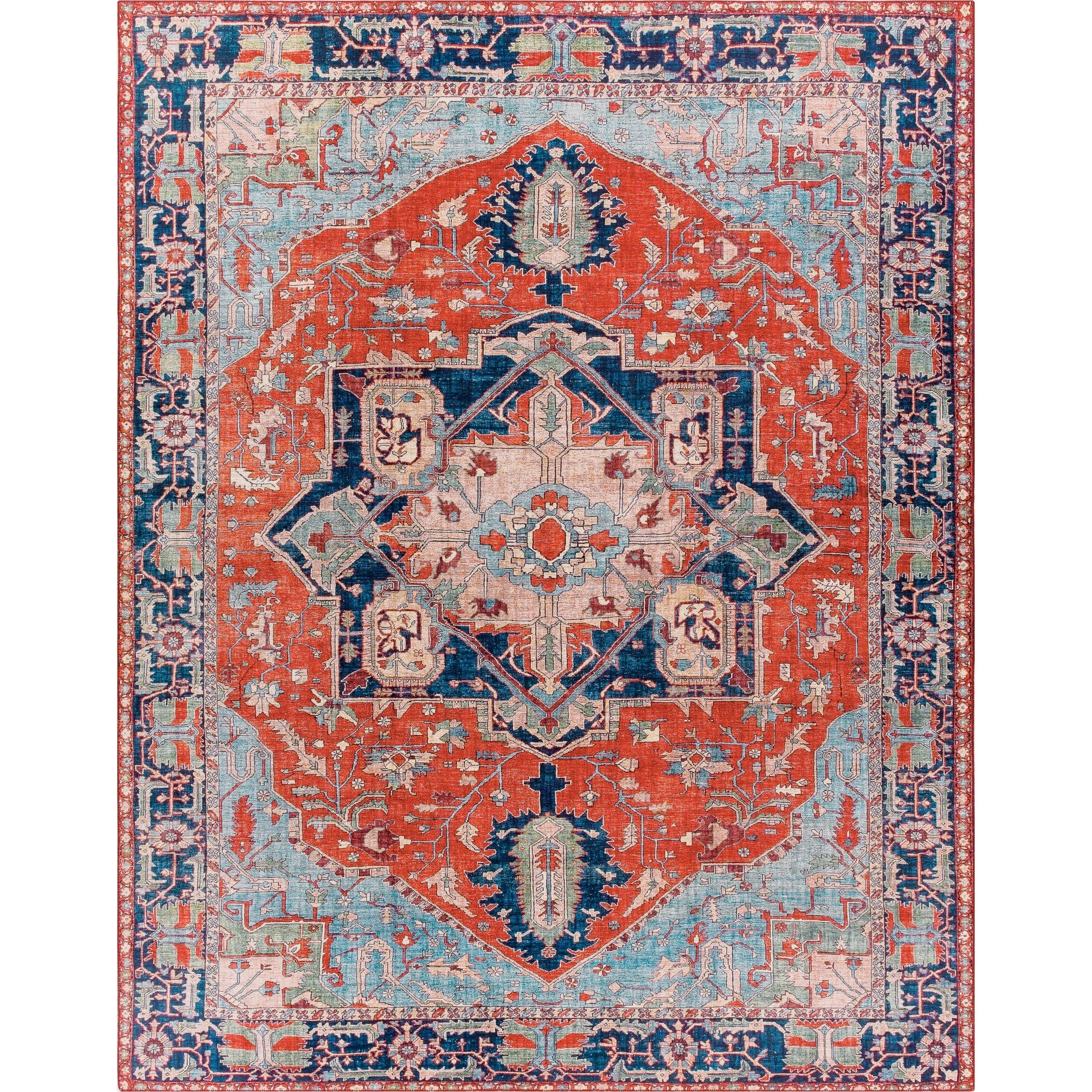 Iris Rug by Livabliss in red, burnt orange, dark blue, ink blue, pale blue, green. Made from 100% polyester in a traditional style.