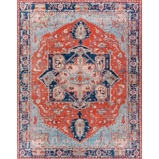 Iris Rug by Livabliss in red, burnt orange, dark blue, ink blue, pale blue, green. Made from 100% polyester in a traditional style.