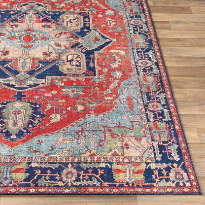 Iris Rug by Livabliss in red, burnt orange, dark blue, ink blue, pale blue, green. Made from 100% polyester in a traditional style.