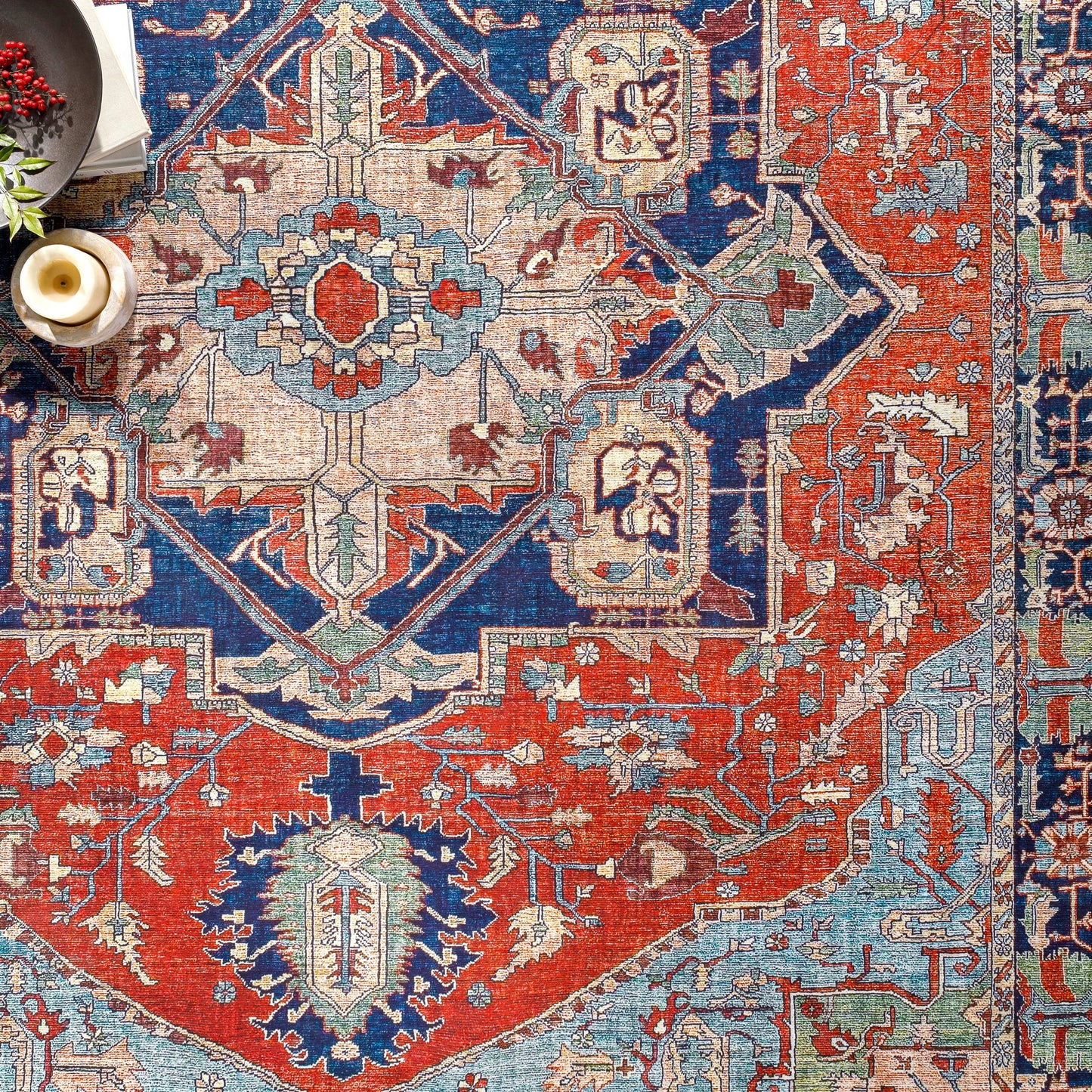 007 SI-1852790,SR-756250,SR-756251,SR-756252,SR-756253,SR-756254 | Additional Silo | Iris Rug by Livabliss in red, burnt orange, dark blue, ink blue, pale blue, green. Made from 100% polyester in a traditional style.